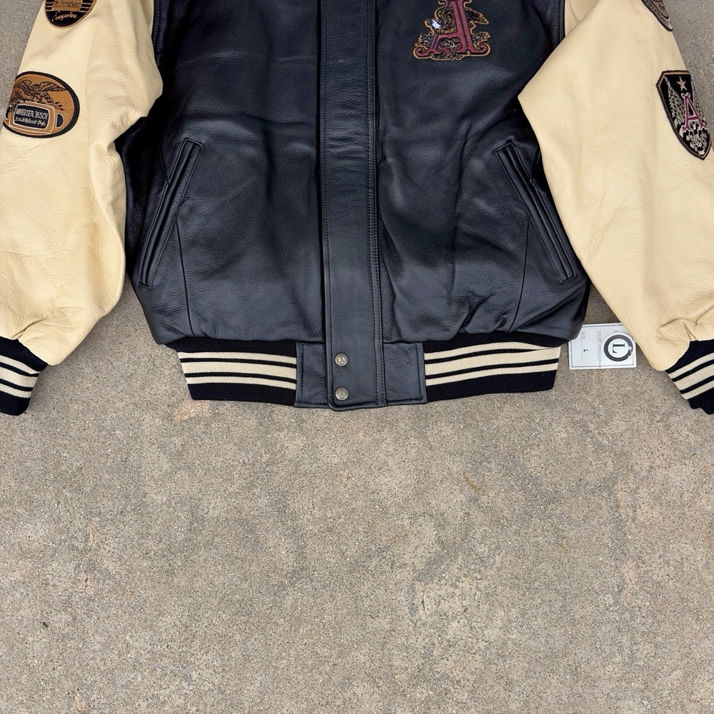 VTG Excelled Anheuser Busch Budweiser Leather Bomber Jacket Embroidered Men's L - Picture 6 of 16